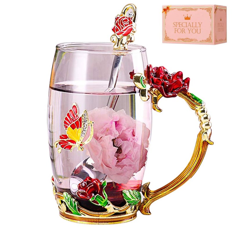 DasyFly Birthday Gifts For Women,Enamel Butterfly Flower Glass Tea Cup Rose Red Coffee Mug,Cute Gifts For Mom Grandma Women Wife Female Friend on Mothers day Anniversary Christmas Valentines - Image 1